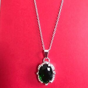 Sterling Silver Necklace with Dark Green Oval Pendant
